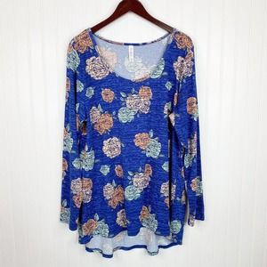 LuLaRoe Lynnae Top 3XL Long Sleeve Shirt Blue Green Beige Floral